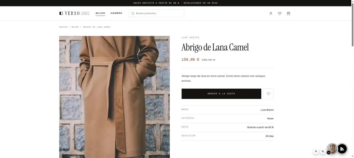 Ficha de producto de la tienda demo con el widget de Spaidoo